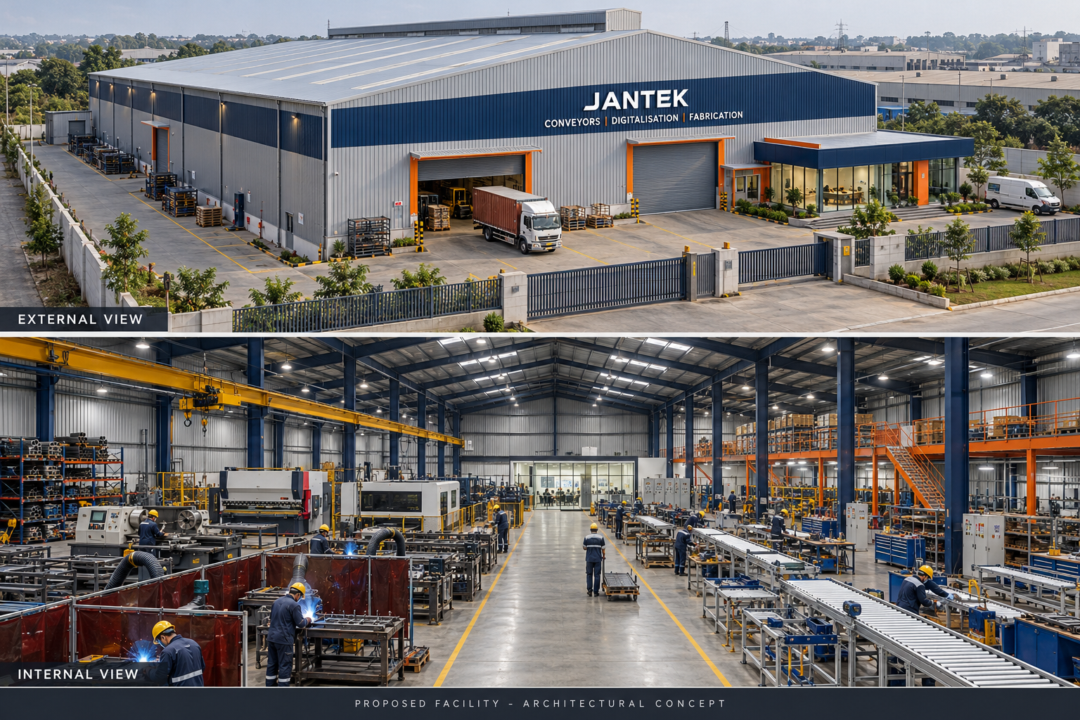Photorealistic external view and internal view of the proposed Jantek manufacturing plant